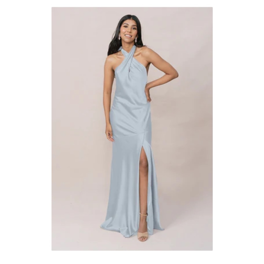 Revelry Athena Satin Sky Blue Halter Neck Bridesmaid Dress with Front Slit